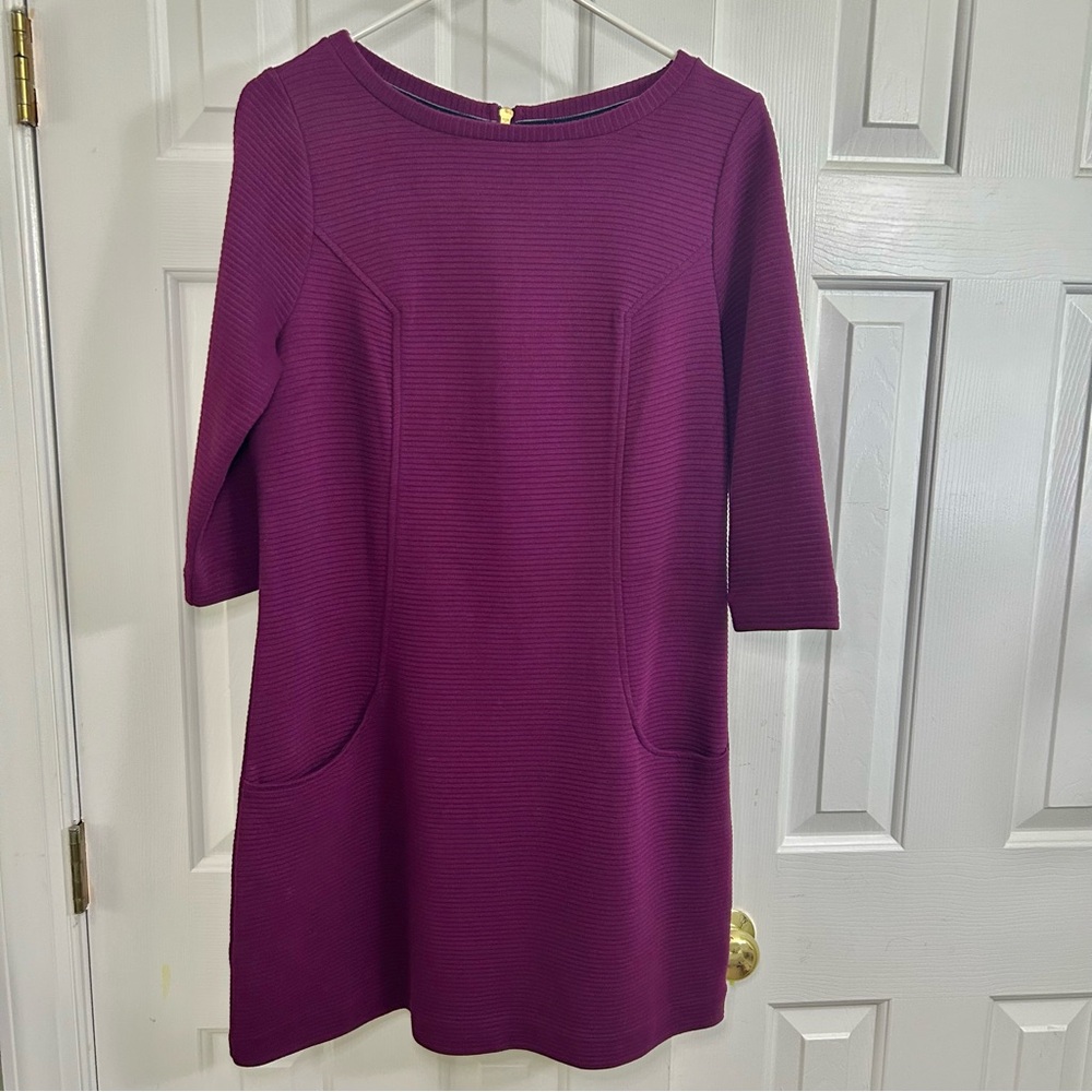Boden Ottoman Ribbed Plum Purple Scoop Neck Midi  Dress w/ Pockets Sz 10 petite